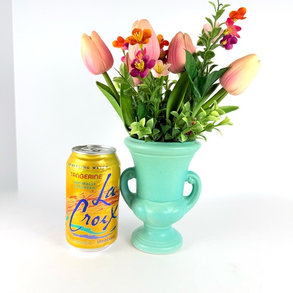 Antique Pottery Art Trophy Vase Small Aqua/Turquoise Handled 5.5x4x5 Inches - Picture 15 of 15